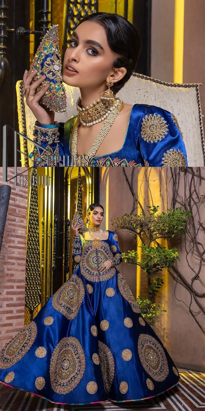 Embodying grace with iridescent glamour. This royal blue party outfit from DeemasFashion will turn heads. It is appealing with multiple colour embroidery all over which is further enhanced with tilla, dabka, kora and the real magic of zardozi. The square neckline of the fit and flare maxi will give life to your whole attire at any party. Further, the following maxi has full sleeves which are ornamented with handsome details of hand embroidery. The floral motifs also make the attire magnificent and more glorious which hits all the right hearts.