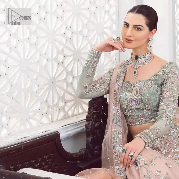 When you asked for it, we heard it. This sea green hued blouse has multiple colour embroidered details of tilla,dabka, kora, zari and sequin. It has a sweetheart neck and full sleeves style for gaining full attractiveness on your Nikah. The following blouse is organized with tea rose lehenga which is heavily embellished to make this masterpiece more aesthetic and cool.  Complete this article with a dupatta which is adorned with a four-sided embellished border. Further, it is enhanced with a sequin spray that you actually want for your big day.