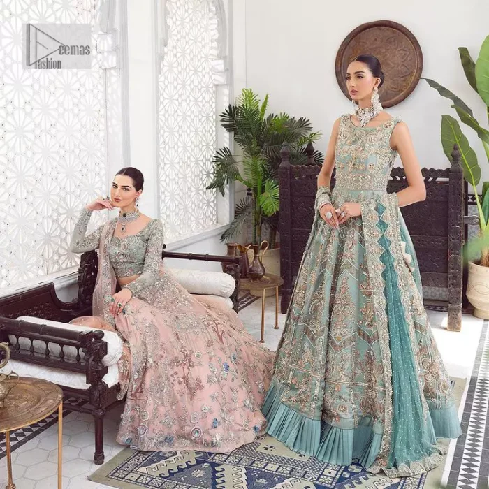 When you asked for it, we heard it. This sea green hued blouse has multiple colour embroidered details of tilla,dabka, kora, zari and sequin. It has a sweetheart neck and full sleeves style for gaining full attractiveness on your Nikah. The following blouse is organized with tea rose lehenga which is heavily embellished to make this masterpiece more aesthetic and cool.  Complete this article with a dupatta which is adorned with a four-sided embellished border. Further, it is enhanced with a sequin spray that you actually want for your big day.