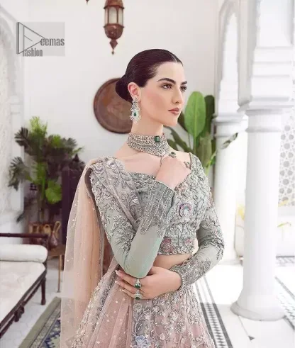 When you asked for it, we heard it. This sea green hued blouse has multiple colour embroidered details of tilla,dabka, kora, zari and sequin. It has a sweetheart neck and full sleeves style for gaining full attractiveness on your Nikah. The following blouse is organized with tea rose lehenga which is heavily embellished to make this masterpiece more aesthetic and cool.  Complete this article with a dupatta which is adorned with a four-sided embellished border. Further, it is enhanced with a sequin spray that you actually want for your big day.