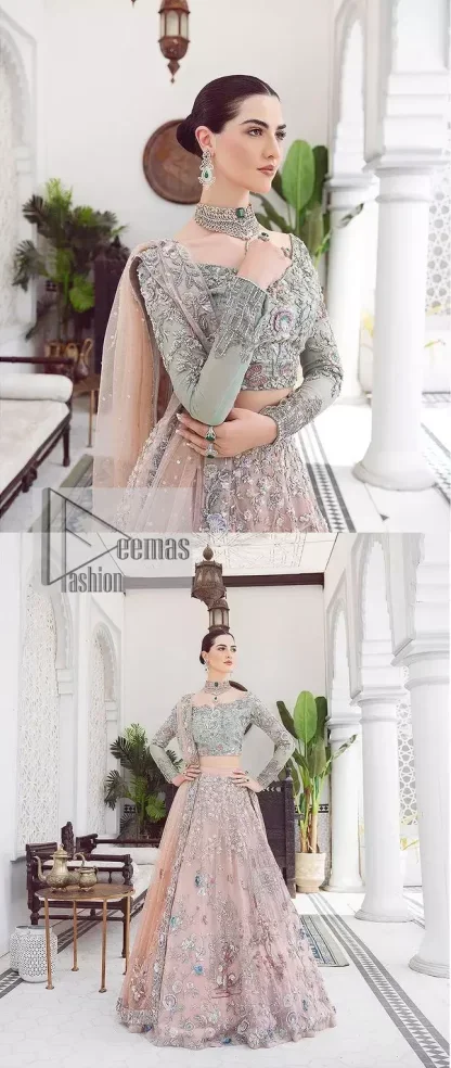 When you asked for it, we heard it. This sea green hued blouse has multiple colour embroidered details of tilla,dabka, kora, zari and sequin. It has a sweetheart neck and full sleeves style for gaining full attractiveness on your Nikah. The following blouse is organized with tea rose lehenga which is heavily embellished to make this masterpiece more aesthetic and cool.  Complete this article with a dupatta which is adorned with a four-sided embellished border. Further, it is enhanced with a sequin spray that you actually want for your big day.