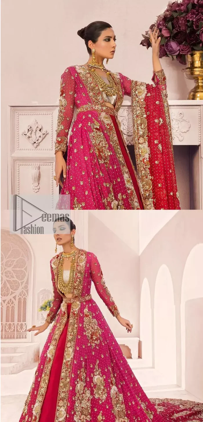 A maxi in a beautiful shade of shocking pink is deftly adorned with glowing tilla, dabka and pearls making this ensemble truly ethereal and incandescent. The following maxi is further enhanced with golden embroidery and laden with heavy floral motifs. The strapless neckline of the back train maxi also added more beauty to the outfit when comes with full sleeves. It is paired up with a plain can-can lehenga in the red colour to balance the reception fairy look of the bride. Finish this article with a dupatta which is ornamented with a four-sided embroidery and spray of tiny floral motifs and sequins all over for more romanticness and charmeness.