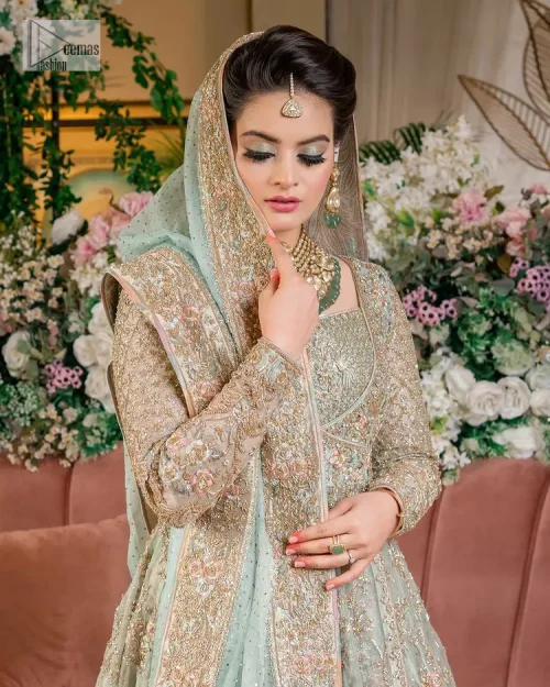 Unique embroidery designs to add some sparkle to your style on your Nikah! Light blue angrakha maxi with delicate multiple