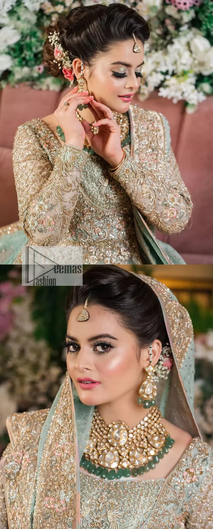 Let your outfit define your Nikah day. DeemasFashion presents this outfit in aqua colour to win everyone's hearts at the very first glance. The maxi is decorated with multiple colour embroidery which is further intensified with tilla dabka, kora, Kundan and the real magic of zardozi. The square neckline of the following maxi steals the spotlight of the event. In addition to this, the style of the full sleeves gives you your dreamy appearance. It is systemized with back train lehenga which is also embellished with embroidery to make your day. The overall charm of maxi and Lehenga is enhanced when paired with a delicate and diaphanous dupatta, framed with four-sided borders and sequins sprayed all over.