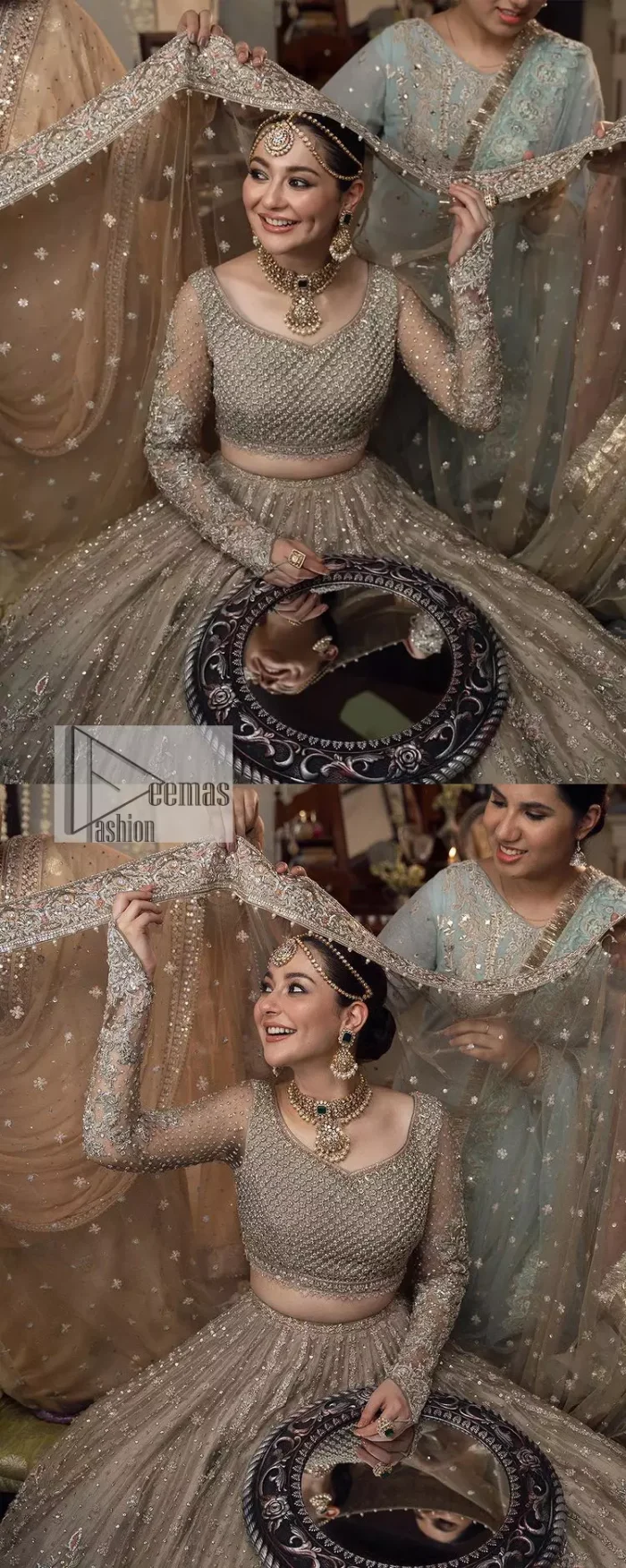 Regal and Charismatic - This is all the outfit is about! A desirable beige lehenga and choli are entirely heavily embroidered with silver colour and embellished with sequins, tilla, naqshi, Zardozi and Dabka. Its stunning heavily embellished blouse has full sleeves and the blouse consists of V shape neckline. It is coordinated with flared lehenga which is adorned with beautiful embroidery to make this walima wear balance. Finish this with a dupatta that has silver sequin and tiny floral motifs all over. The dupatta is framed with a four-sided embellished border to make this masterpiece unique and attractive.