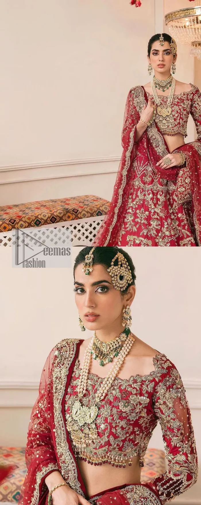 This outfit is a stand-out look for the Pakistani reception, this ensemble consists of a bright red-hued lehenga choli. This light golden embroidery is done with dense handsome work with the detailing of tilla, dabka, kora, zardozi and stone. The boat shape neckline of the following scalloped blouse intensifies the overall beauty of the outfit. Further, the beautiful floral patterns on three-quarter sleeves make this blouse super charming and ten times attractive. It is teamed up with can-can lehenga in the same colour that is ideal for the brides who want to be a queen on her Bug day. The outfit is paired with a dupatta heavily embellished all around the border, with a centre spray of sequins.