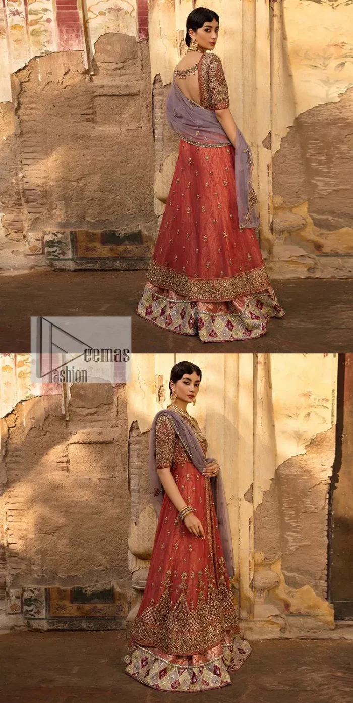 Get dreamy, get cosy and get ready for the party event. DeemasFashion presents coral frot open maxi with boat shape neckline. It is decorated with golden embroidery which enhances with tilla, dabka, kora, Kundan and the real magic of Zardozi. Fully worked half sleeves make this article so soothing and attractive. The following maxi is systemized with brocade sharara that has an ethnic charm and changes your appearance. Complete this article with a dupatta in the lilac colour framed with a four-sided border. The dupatta is enhanced with tiny floral motifs that give a charming finishing look to the dress.