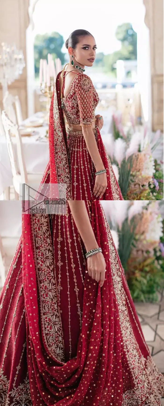 Keep it dreamy and classic with the best DeemasFashion reception wear! The handsome deep red outfit with blouse and lehenga is gracefully embellished with silver embroidery that gives you a head-turning appearance on the wedding day. The blouse is enhanced with tilla, dabka, kora, Kundan and crystals. The round neckline of the blouse makes this glamorous attire an epitome of royalty and grace. Luxury designs on half sleeves add super beauty to the outfit. It is organized with a lehenga adorned with embroidery to make your day charming. Finish this outfit with a dupatta embellished with four-sided borders and which is sprinkled with sequins all over.
