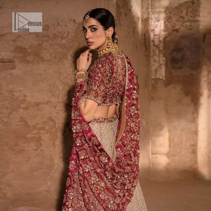 Keep it comfy and attractive with the best DeemasFashion reception wear! A silver flare lehenga encrusted with tilla, dabka, kora, Kundan and pearl work with heavily adorned silver and golden embroidery. The border of the lehenga has a beautiful red border to make it a unique masterpiece. The red blouse with V shape neckline is hand rendered with beautiful embroidery. In addition to this, the following blouse has half sleeves which is a simply stunning wedding dress. The look is completed with a beautiful, red organza dupatta with intricately hand embellished motifs and borders.