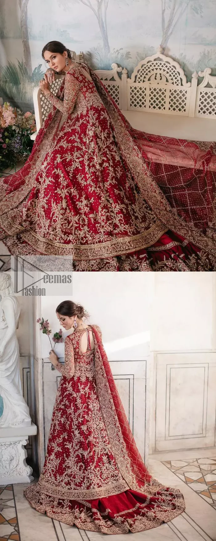 Bright and blissful! This ensemble is the epitome of grace.  The maxi is fully emblazoned with tilla, dabka, kora, Kundan and details of Zardozi. Intricate designs and fine details of golden embroidery give a perfect finishing look to the blouse. Further, embellishment full sleeves give a stunning touch to the blouse. The following blouse is further enhanced with V shape neckline. It is paired up with a lehenga that is ornamented with beautiful embroidery. The Lehenga has a huge flare and long tail. The outfit achieves the final ravishing look when paired with a delicate dupatta. The borders of this dupatta are hand-embellished and decorated with sequins sprayed.