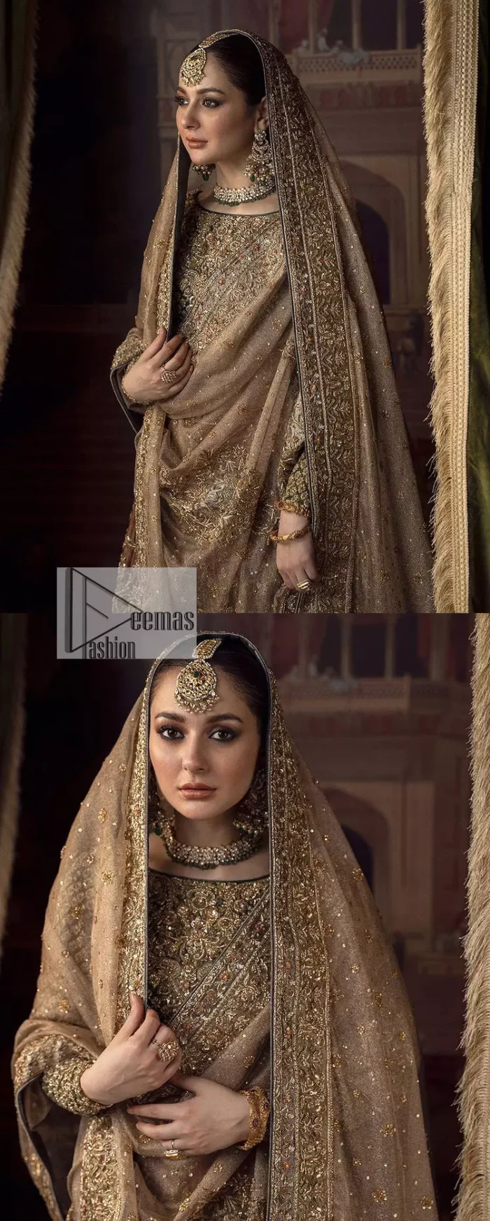 This alluring outfit is surely any girl’s dream. The hazel blouse is a magnificent choice which is ornamented with golden embroidery that wins everyone's hearts at the very first glance. It is further intensified with tilla, dabka, kora, Kundan and stones. Hand-crafted details on the full sleeves of this beautiful nikah dress make it the epitome of beauty. It is coordinated with a lehenga which is decorated with the finest details that are your first priority for the wedding. The lehenga has a huge flare to fulfil the dreamy look. Complete this article with a dupatta that is adorned with four-sided embellished borders and sparkling sequins to make your day.