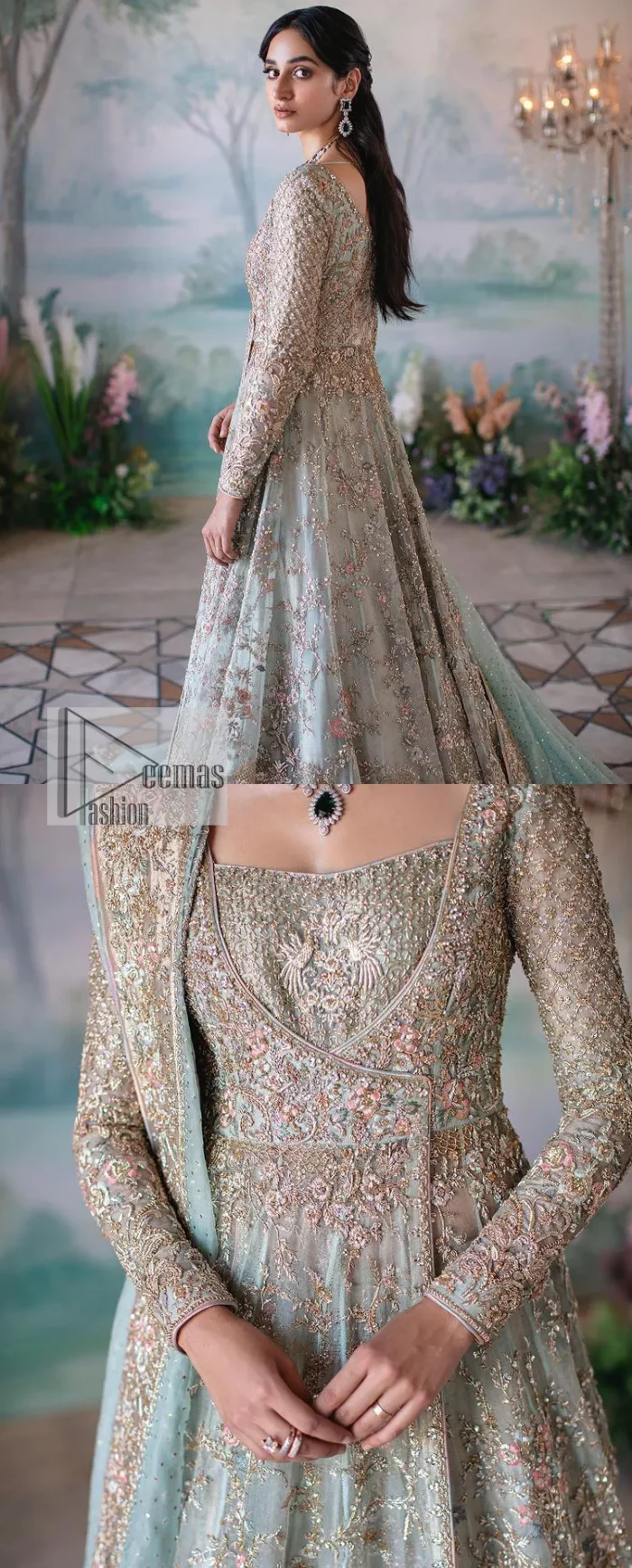 Unique embroidery designs to add some sparkle to your style on your Nikah! Light blue angrakha maxi with delicate multiple colour embroideries and intricate hand embellishments of tilla, dabka, kora, Kundan and crystals on the classic silhouette. Designed to flaunt your best features, the full sleeves carry beautiful embroidery with a square neckline. The following maxi along with the back train lehenga gives this outfit a unique look. Paired with a dreamy dupatta framed with embellished borders, this look is the epitome of ethereal and easy elegance.
