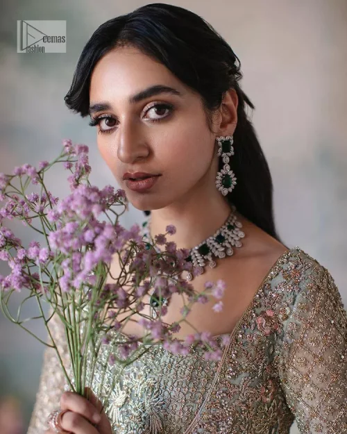 Unique embroidery designs to add some sparkle to your style on your Nikah! Light blue angrakha maxi with delicate multiple