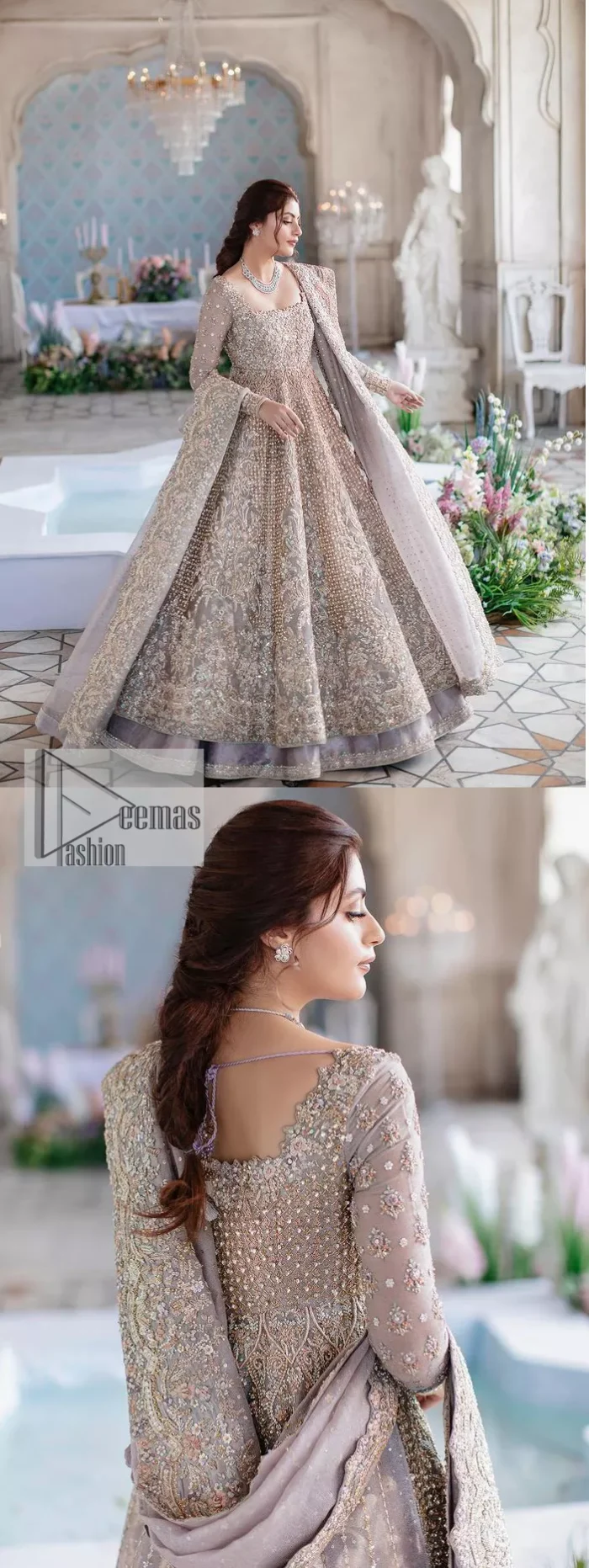 She wears a lilac colour as her wedding dress and looked stunning on her Nikah day. DeemasFashion presents this outfit in lilac colour to make your day like a flower. The maxi is adorned with golden and silver embroidery which is further enhanced with tilla, dabka, kora, Kundan and details of crystal to make the masterpiece a unique one. The square neckline of the maxi is also adorned with embroidery for giving a magical look. In addition to this, the full sleeves are also decorated to make your day lovely and charming. Paired up the following maxi with a lehenga having a border embellished. Complete this article with a dupatta framed with four-sided embellished borders and sequins sprayed all over. 