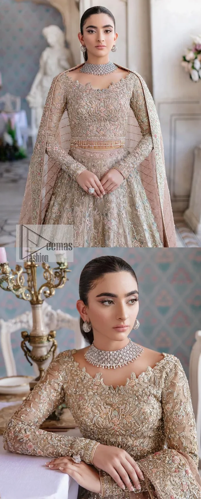 Carry the style that is your dream on your Nikah day with this classy article! A beautiful blouse in nude ivory colour is a perfect choice to pair with Lehenga. The blouse choli is emblazoned with silver embroidery and floral designs. Hand-crafted details of tilla, dabka, kora, Kundan and crystals make this choli a ravishing masterpiece. The boat shape neckline is a perfect choice to make this article super amazing. Further, the following blouse is maintain a balancing look of the bride with its full sleeves. It is handsomely systemized with a scalloped lehenga that is heavily adorned to win everyone's hearts at the very first glance with its charm and elegance. Finish this article with a dupatta its surface sprayed with sequin and beautifully framed by a heavily embellished floral border that is a perfect choice
