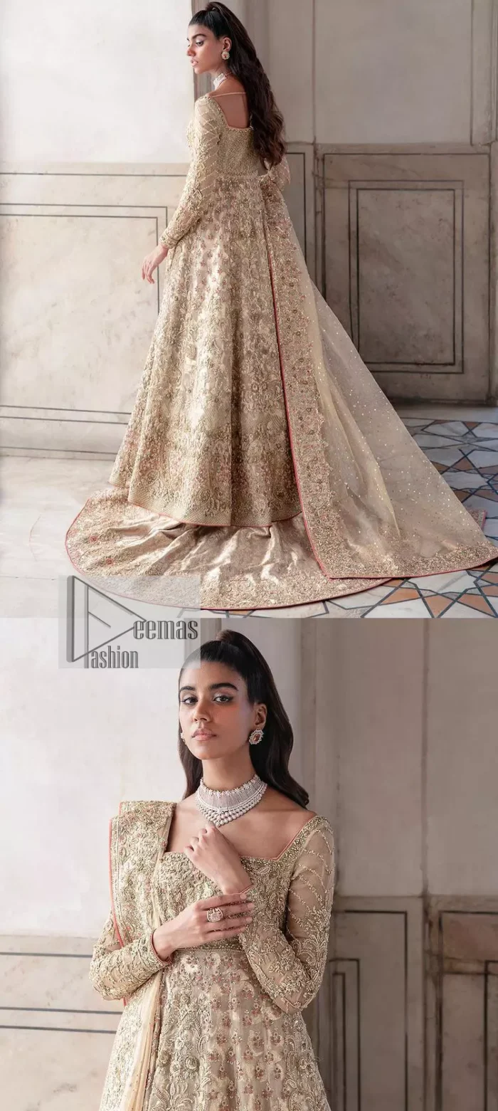 Ooze beauty and elegance in this simple yet amazing ensemble. This walima outfit in the off-white colour is a  magnificent look emblazoned with beautiful light golden embroidery which is further enhanced with tilla, dabka, kora, Kundan and the real magic of thread. The square neckline and full sleeves are unique in style and have classy look and perfect choice for the traditional bride. It is paired up with a lehenga which is adorned with beautiful embroidery. Father, the lehenga has a back-train to make this outfit lovely. Complete this with a dupatta framed with four-sided borders and sequins sprayed all over to add extra glam to this masterpiece.