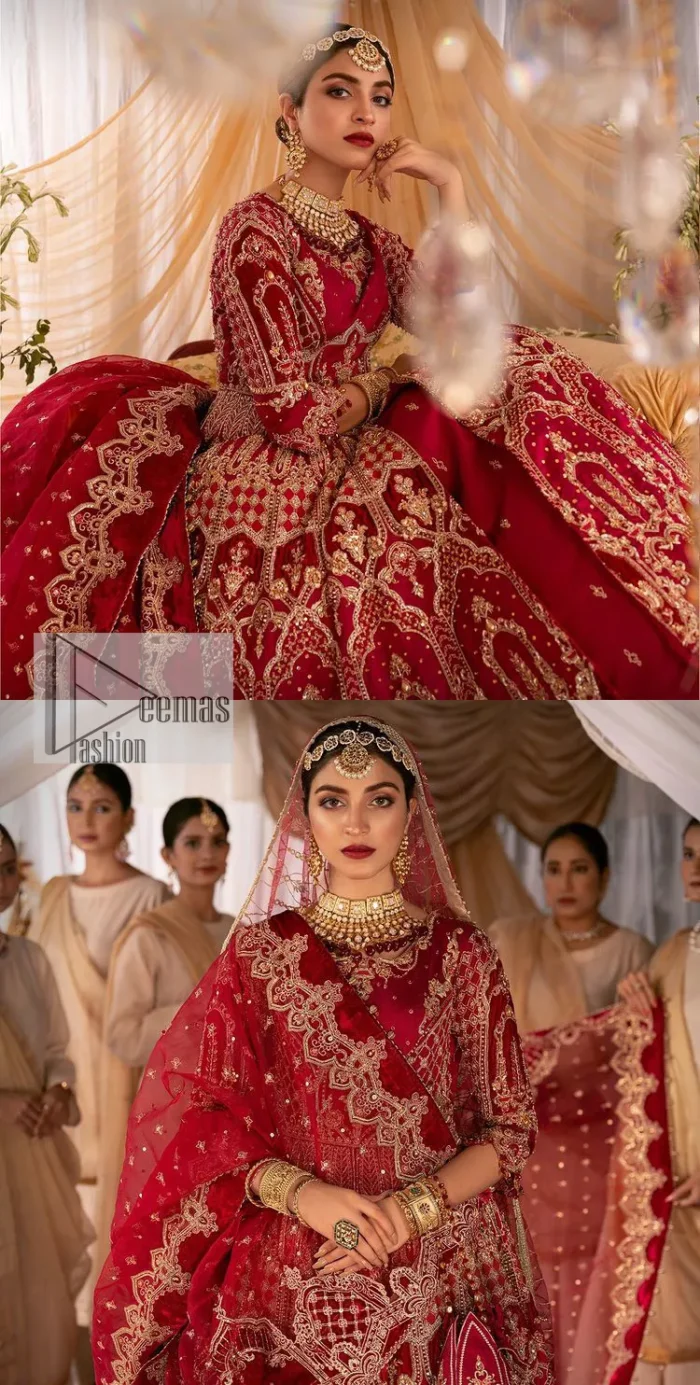 Enter the world of allurement with red shade, a gorgeous go-to dress for your big day to make you look classy and fabulous at the same time! A red organza base reception outfit is generously light golden embroidered with tilla, dabka, kora, Kundan and resham to form a beautifully composed lehenga, maxi and dupatta. The round neckline, three quarter sleeves make this outfit super amazing and charming. It is paired up with lehenga which is adorned with ting floral motifs. The can-can make this lehenga a dreamy real magic. Finish this look with dupatta, framed with a four sided borders. It is enhanced with sparkling of tiny floral motifs and sequins spray.