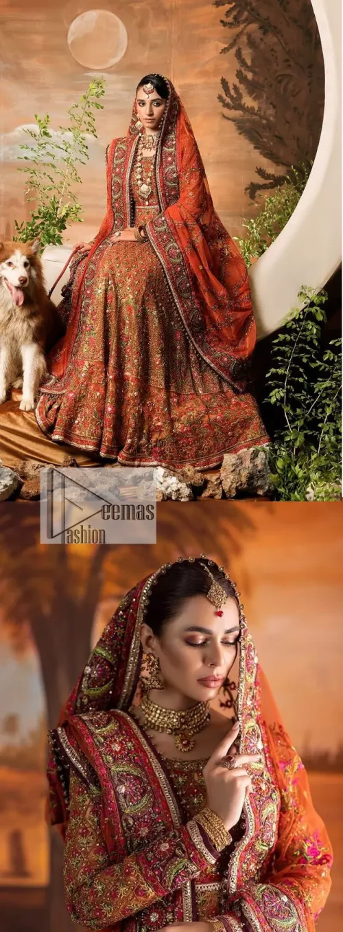 Blissful rust! This ensemble is the epitome of grace. DeemasFashion presents this beautiful mehndi outfit in rust colour to make