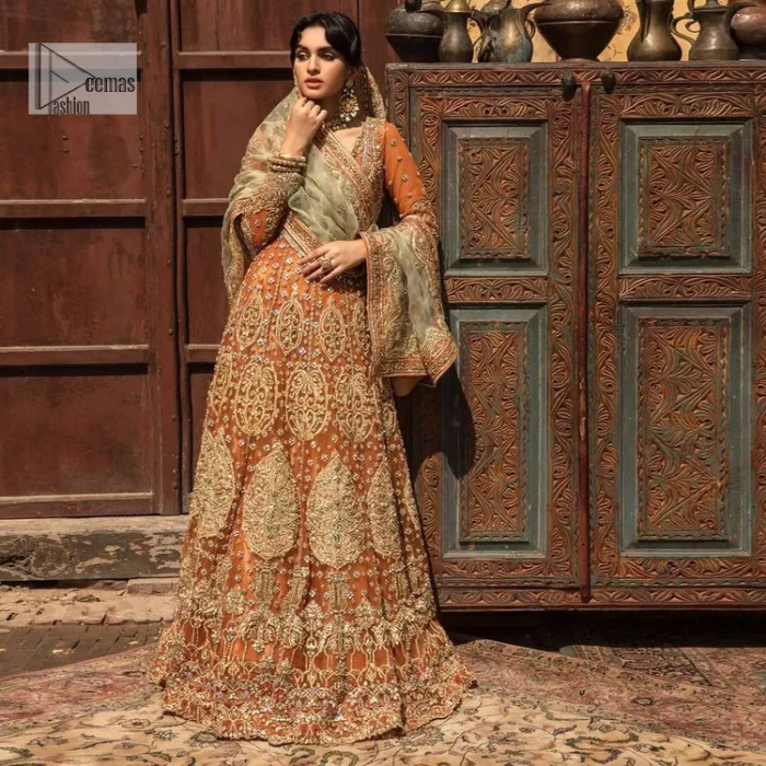 Let your dreams be your wings as your mehndi outfit. This rust heavy maxi features thoughtfully placed bold motifs all over and each motif is crafted using tilla, dabka, koran, Resham and Zardozi techniques. It is further enhanced with golden embroidery. The V shape neckline adds more beauty to the outfit when comes with embellished full sleeves. The beautiful outfit achieves the final ravishing look when paired with a delicate dupatta. The borders of this dupatta are heavily adorned with embroidery that gives a slaying touch to the whole attire.