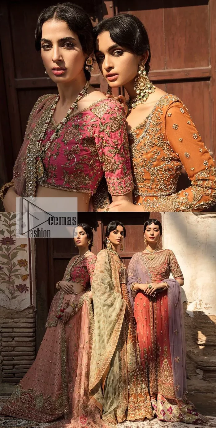 Let your dreams be your wings as your mehndi outfit. This rust heavy maxi features thoughtfully placed bold motifs all over and each motif is crafted using tilla, dabka, koran, Resham and Zardozi techniques. It is further enhanced with golden embroidery. The V shape neckline adds more beauty to the outfit when comes with embellished full sleeves. The beautiful outfit achieves the final ravishing look when paired with a delicate dupatta. The borders of this dupatta are heavily adorned with embroidery that gives a slaying touch to the whole attire.