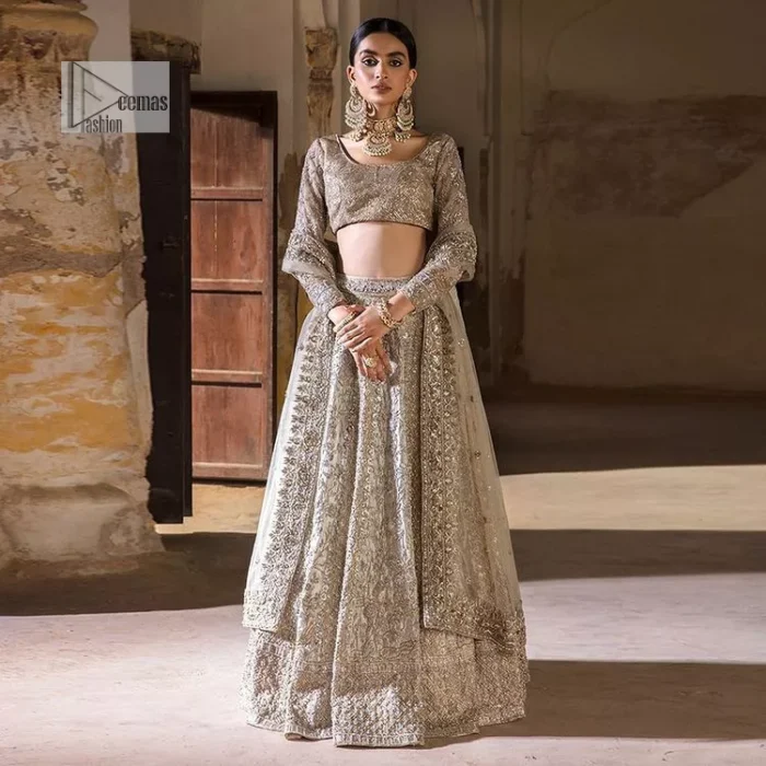 The fusion of this silver canvas decorated with vibrant contrasts is all you need to stun on your day! DeemasFashion presents this nikah wear in silver colour which is highlighted with tilla, dabka, kora, Kundan and the real magic of Zardozi. The round neckline of the following blouse has an ethnic charm. It is embellished with silver embroidery to make this masterpiece a dreamy one. The full sleeves style of the blouse also adds beauty to the outfit. It is paired up with a lehenga which is heavily embellished. The stunning dress in the Lehenga Choli style achieves the final charming look when paired with a dupatta in the same colour framed with four-sided borders and sequins sprayed all over. 