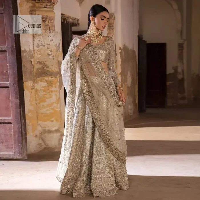 The fusion of this silver canvas decorated with vibrant contrasts is all you need to stun on your day! DeemasFashion presents this nikah wear in silver colour which is highlighted with tilla, dabka, kora, Kundan and the real magic of Zardozi. The round neckline of the following blouse has an ethnic charm. It is embellished with silver embroidery to make this masterpiece a dreamy one. The full sleeves style of the blouse also adds beauty to the outfit. It is paired up with a lehenga which is heavily embellished. The stunning dress in the Lehenga Choli style achieves the final charming look when paired with a dupatta in the same colour framed with four-sided borders and sequins sprayed all over. 