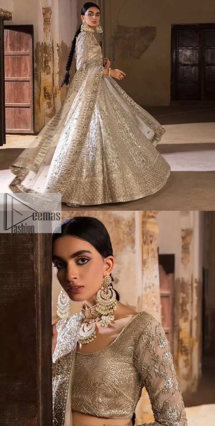 The fusion of this silver canvas decorated with vibrant contrasts is all you need to stun on your day! DeemasFashion presents this nikah wear in silver colour which is highlighted with tilla, dabka, kora, Kundan and the real magic of Zardozi. The round neckline of the following blouse has an ethnic charm. It is embellished with silver embroidery to make this masterpiece a dreamy one. The full sleeves style of the blouse also adds beauty to the outfit. It is paired up with a lehenga which is heavily embellished. The stunning dress in the Lehenga Choli style achieves the final charming look when paired with a dupatta in the same colour framed with four-sided borders and sequins sprayed all over. 