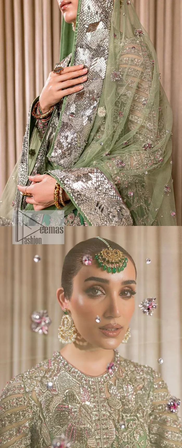 Dive into the world of ultimate allurement with this exquisitely embellished Mehndi outfit that depicts intricate glam with an elegant statement detailing. The maxi in teal green colour is heavily adorned with silver embroidery which involves tilla, dabka, kora, Kundan and the real magic of Zardozi. Further, the high neckline and full sleeves add extra glamour to this outfit. It is organized with magnificent lehenga in the same colour emblazoned with intricate gleaming embroidery which enhances the charm of this Dress. The tiny floral motifs also spread on the lehenga. Complete this article with a dupatta framed with four-sided borders and tiny floral motifs all over to make your day charming.