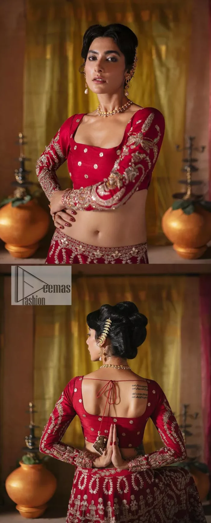 We are Introducing a wine red blouse and lehenga to our wide range of charming bridal dresses. The Pakistani reception Lehenga is an amalgamation of contemporary and traditional art which is decorated with golden embroidery. The embroidery is further enhanced with tilla, dabka, kora, Kundan and detailing of zardozi. It is paired up with a wine red blouse which is adorned with tiny floral motifs. The full sleeves of the blouse are heavily embellished to increase the beauty of the outfit. Further, the square neckline makes this blouse a unique masterpiece. Finish this with a dupatta with a four-sided embellished border and floral motifs all over.