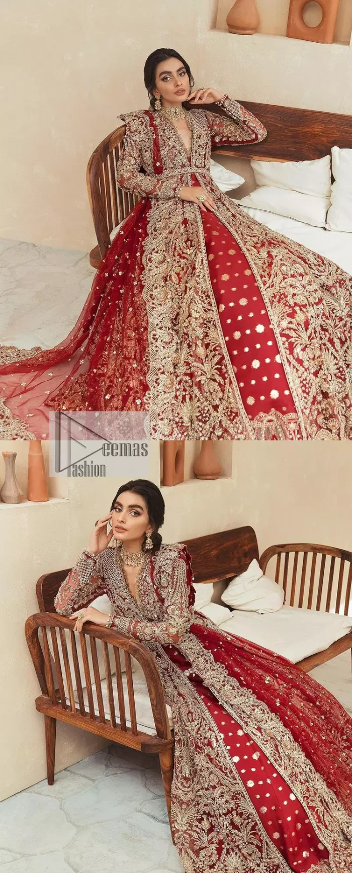 Classic and eye-catching! Made for stylish brides.  This reception wear in the bright red shade comes in a stunning open style and is hand-embellished with tilla,dabka, kora, Kundan and Zardozi details. The golden embroidery gives a royal touch to the dress. The V shape neckline gives you a dreamy appearance on the most important day of your life. Intricate designs and hand-crafted embellishments on full sleeves also make a look. It is systemized with a lehenga which has a huge flare and is adorned with embroidery. Complete this article with a dupatta framed with four-sided borders that is a perfect choice.