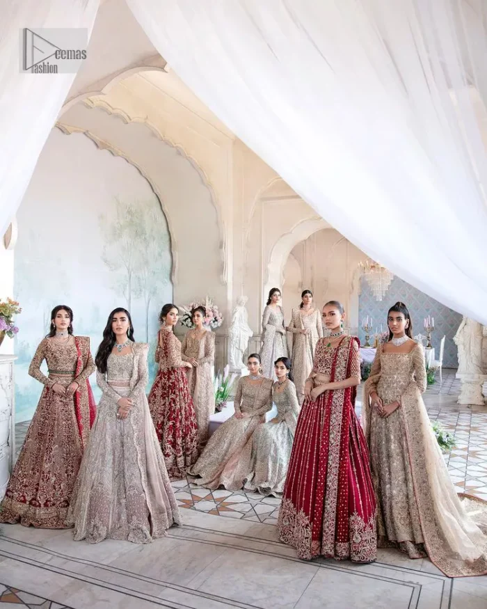 Keep it dreamy and classic with the best DeemasFashion reception wear! The handsome deep red outfit with blouse and lehenga is gracefully embellished with silver embroidery that gives you a head-turning appearance on the wedding day. The blouse is enhanced with tilla, dabka, kora, Kundan and crystals. The round neckline of the blouse makes this glamorous attire an epitome of royalty and grace. Luxury designs on half sleeves add super beauty to the outfit. It is organized with a lehenga adorned with embroidery to make your day charming. Finish this outfit with a dupatta embellished with four-sided borders and which is sprinkled with sequins all over.