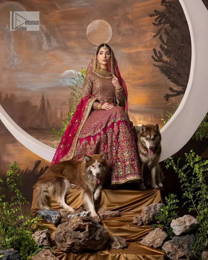 Experience the true essence of reception wear in alluring attires from DeemasFashion. The host pink pishwas is decorated with multiple colour embroidery which is handsomely enhanced with tilla, dabka, kora, Kundan and the real magic of Zardozi to make this masterpiece unique and charming. The finishing of boat shape neckline enhances the beauty of the attire. Furthermore, the full sleeves of the pishwas are a perfectly charming choice to pair with a Pishwas. It is coordinated with a jamawar lehenga whose border is adorned with beautiful embroidery. Complete this article with a dupatta framed with four-sided embellished borders and sequins sprayed all over.