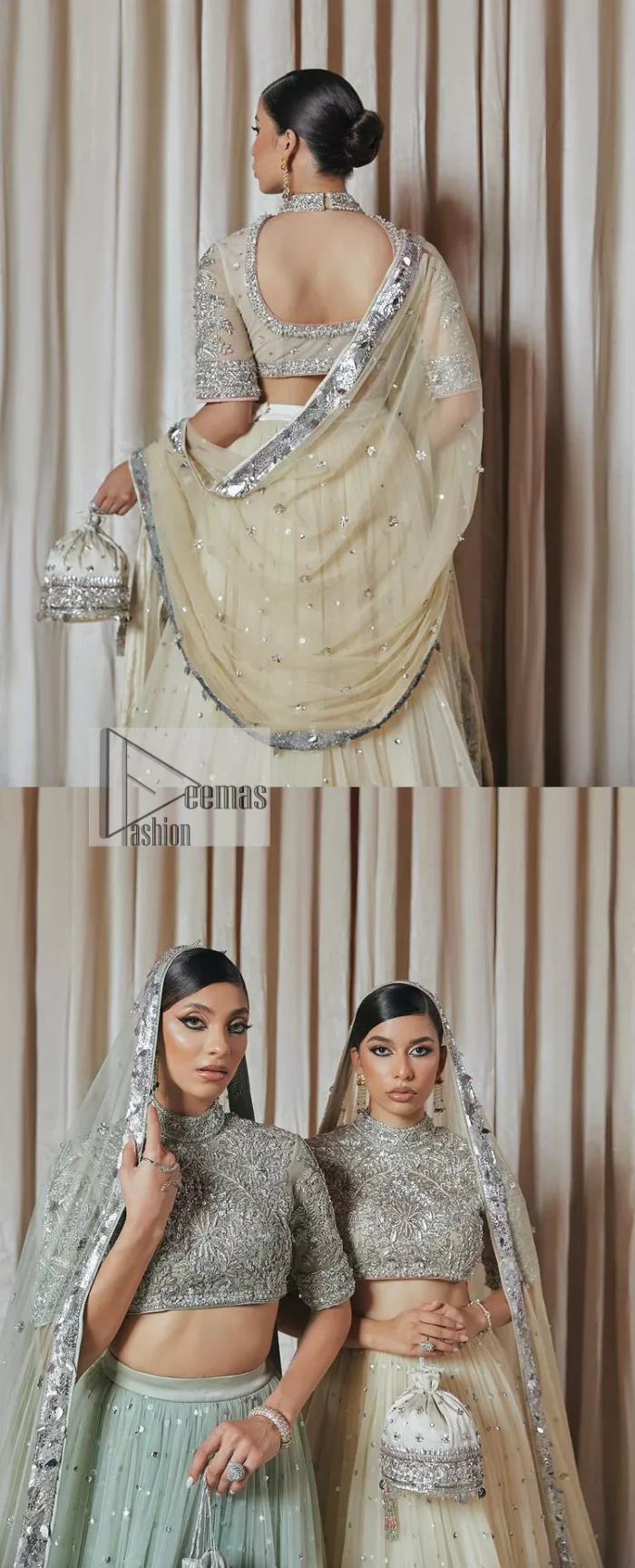 The perfect balance of simplicity and flamboyance is the essence of the beautiful Walima outfit. The blouse in off-white colour is beautifully embellished with Dabka, Tilla, Zardozi and delicate yet intricate crystal work. The beautiful classy artistic half sleeves design maintains the charm of this blouse. The beautiful outfit is epitome of beauty by its high neckline . It is paired up with flared lehenga in the same colour, framed with a sequins sprayed all over. Further, beautiful silver embroidery on the four sided border of the dupatta will enhance the overall magnificent look.
