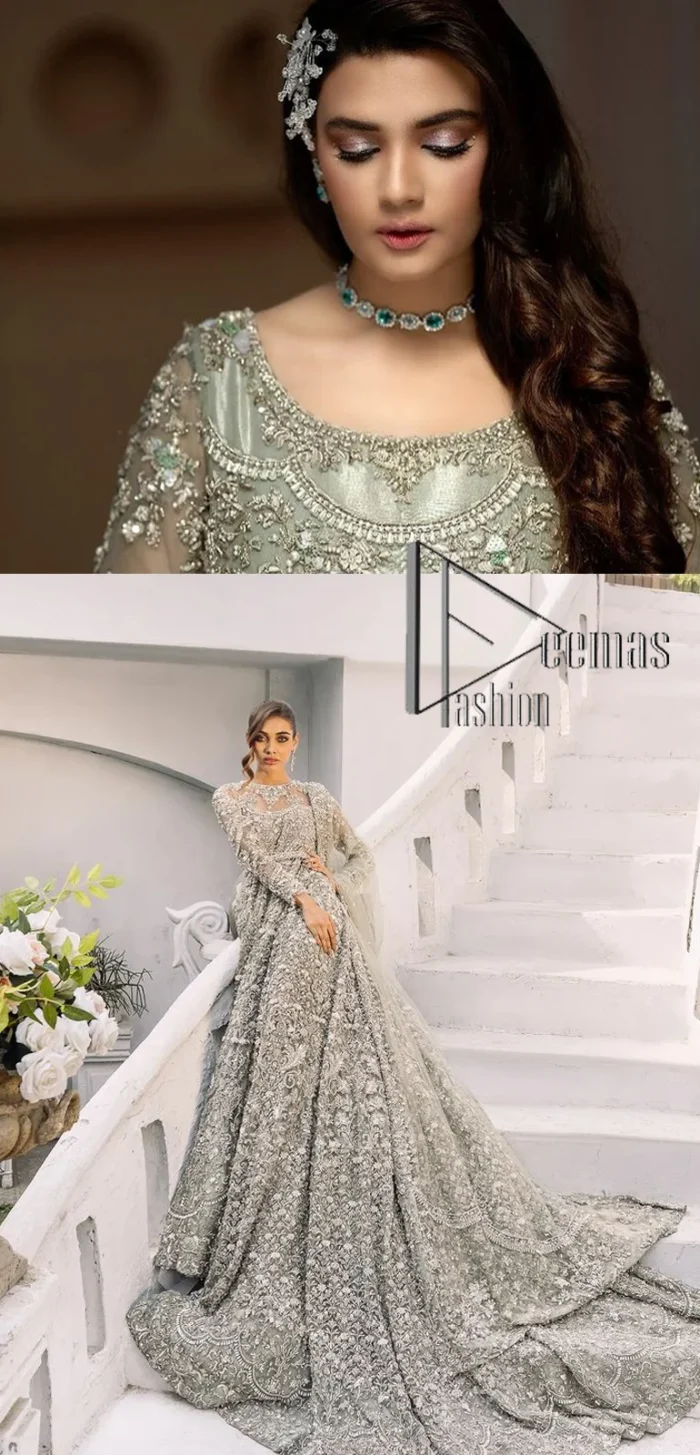 It was love at first swipe! Present this olive green back train maxi which is laboriously hand-rendered with silver embroidery to make you a pure soulful bride. It is enhanced with tilla, dabka, kora and Kundan. The illusion neckline adds more beauty to this walima wear when comes with full sleeves. The back train flare is made just for you to catch more and more love from your loved ones. Complete this walima wear with a dupatta in the same colour which is handsomely embellished with a four-sided heavy border and sequins sprayed all over to receive more love.