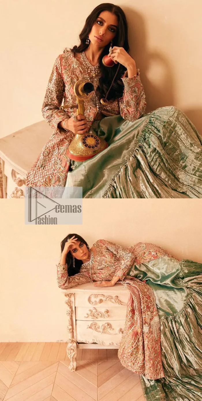 The latest elegant embroidered maxi in peach colour with magnificence embroidered work. The front open maxi is attractively laden with light golden embroidery to make this masterpiece unique and charming. Purely balanced raw silk maxi is presented with an ethereal blend of Resham, naqshi, kora, dabka and Mukesh carved with stones. Full Sleeves of the following maxi are also heavily embroidered. The round neckline gives it a magical look. It is coordinated with crushed lehenga in a pistachio green colour to create a ravishing Nikkah bride look. This crushed lehenga is paired with embroidered dupatta detailed with a splash of sequins and embroidered borders.