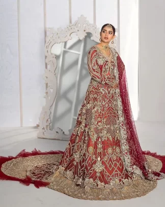 It’s all about looking stunning with a gorgeous Pakistani reception wear Red outfit. This beautiful red dress is designed with trendy full sleeves, following a back train maxi styled exquisitely with a floral pattern on sleeves. A sweeheart neckline makes your beauty bones prominent with a marvelous touch of light golden embroidery. It is paired up with light gold frilled lehenga which is enhance with tilla, dbka, kora, Kundan that is surely going to get you a lot of praise on your Big day. Giving it a final touch with dupatta, framed with a four sided borders and sequins sprayed all over to serve you with extraordinary grace.
