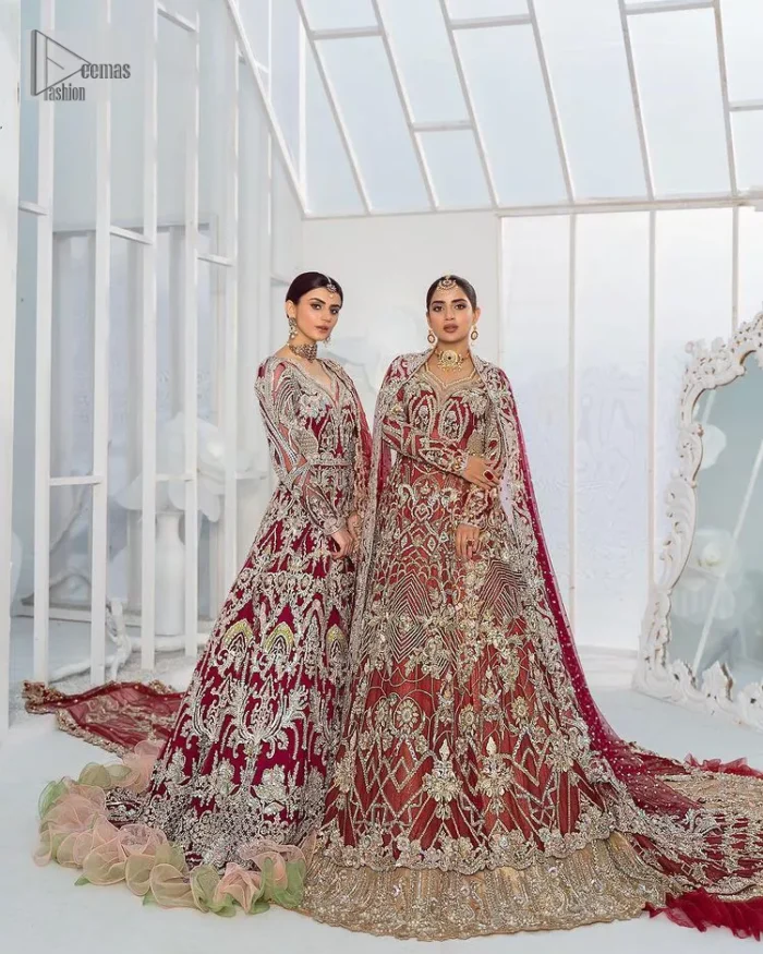 It’s all about looking stunning with a gorgeous Pakistani reception wear Red outfit. This beautiful red dress is designed with trendy full sleeves, following a back train maxi styled exquisitely with a floral pattern on sleeves. A sweeheart neckline makes your beauty bones prominent with a marvelous touch of light golden embroidery. It is paired up with light gold frilled lehenga which is enhance with tilla, dbka, kora, Kundan that is surely going to get you a lot of praise on your Big day. Giving it a final touch with dupatta, framed with a four sided borders and sequins sprayed all over to serve you with extraordinary grace.