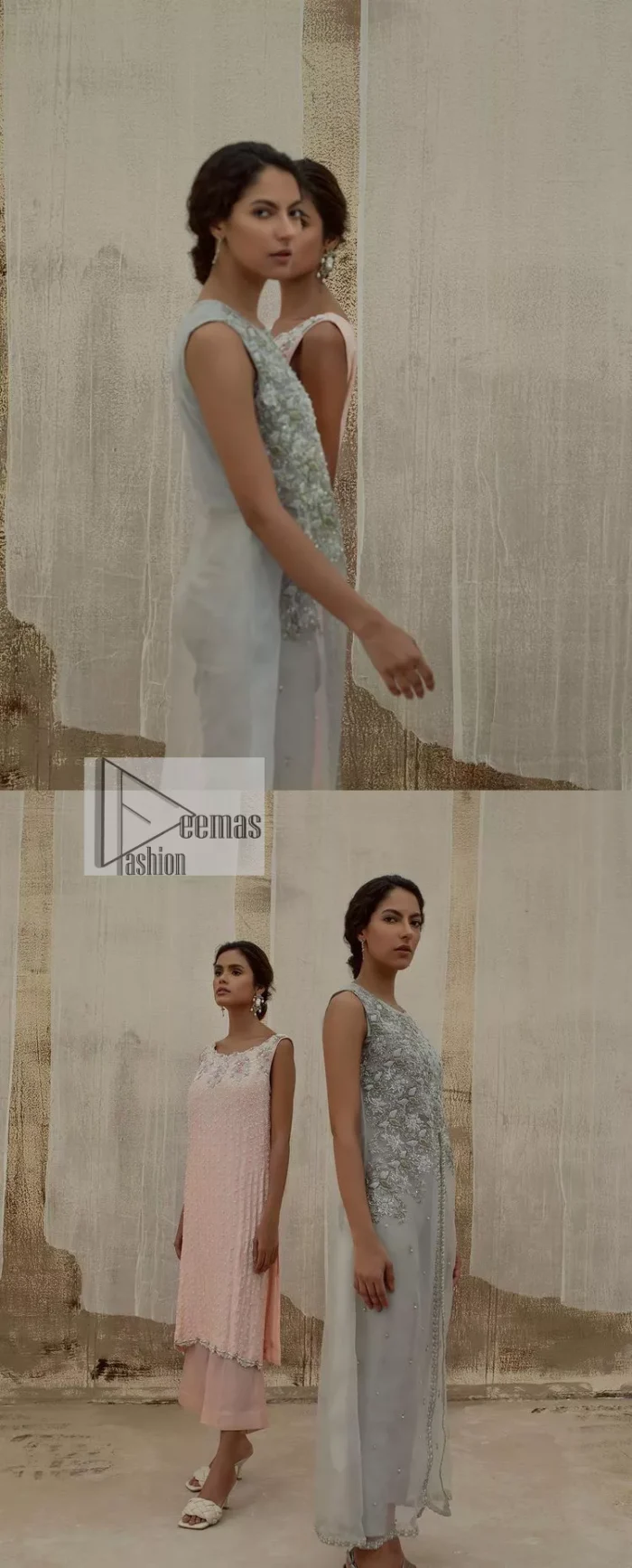 Balancing outfit lovers here’s your style treat! The handsome and charming steel grey attire is an epitome of elegance and royalty that gives you a head-turning appearance on the party occasion. The front open gown is laden with silver embroidery that is further enhanced with tilla, dabka, kora, Kundan and luxuries of crystals. The round neckline of this gown is emblazoned with luxury designs and embroidery. In addition to this, the sleeveless style makes this article a masterpiece. Paired up with straight trousers to balance the look of this exquisite article.