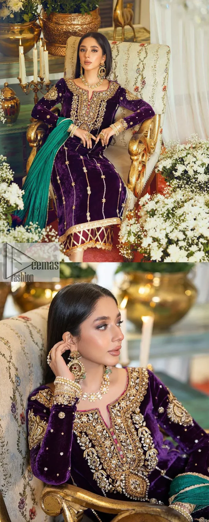 Dress yourself up in glamorous ensembles. DeemasFaashion presents this beautiful party outfit in plum colour. It is highlighted with golden embroidery which is further enhanced with tilla, dabka, kora, Kundan and the real magic of zardozi. The full sleeves are embellished with sequins spray and floral motifs. In addition to this, the embroidered neckline makes this outfit more pretty. It is paired with maroon trousers with beautiful and stunning borders to balance the article. Complete this article with a dupatta in green and plum colour to fulfil the aesthetic look. 