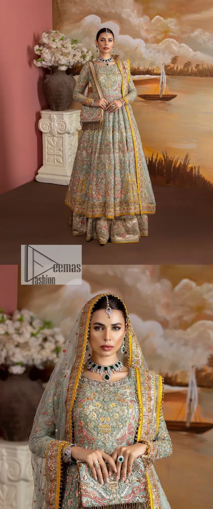Enhance your beauty by dressing in magic. The most beautiful day of your life deserves an overall dome of embodiment, which is why you need an aqua-blue Anarkali to make you look stunning as a bride. The aqua blue, Anarkali and lehenga are hand-rendered in multiple colour embroidery and are further enhanced with pearls, nakshi, Sitara, tilla, kora, Zardozi and dabka.  The round neckline of the following Anarkali defines the beauty and charm of this unique article. Furthermore, the full sleeves are adorned with floral patterns. It is paired up with lehenga which is ornamented with a heavily embellished border to make this masterpiece unique. Complete this nikah wear with a dupatta adorned with four-sided embellished borders and tiny motifs sprinkled all over.