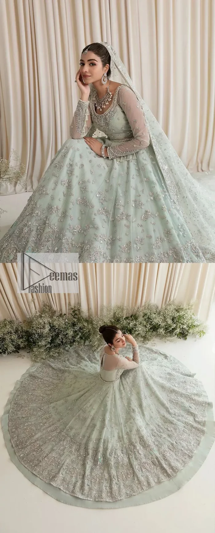 Exquisitely designed ensembles with delicate embroideries & traditional embellishments for nikah outfit statements. This beautiful maxi that comes in aqua blue colour is beautifully embellished with crystals and zardozi work. Beads, motifs,tilla, dabka, sequins, and shimmering adornments enhance the overall charm of this alluring maxi. Perfect stitching and intricate details give a royal appearance to the Bride. The bodice has a delicate and feminine V shape neckline with embellished full sleeves. Paired with lehnga and an alluring dupatta with a heavy spray of sparkling sequins and a detailed head embellished border to make your day super charming.