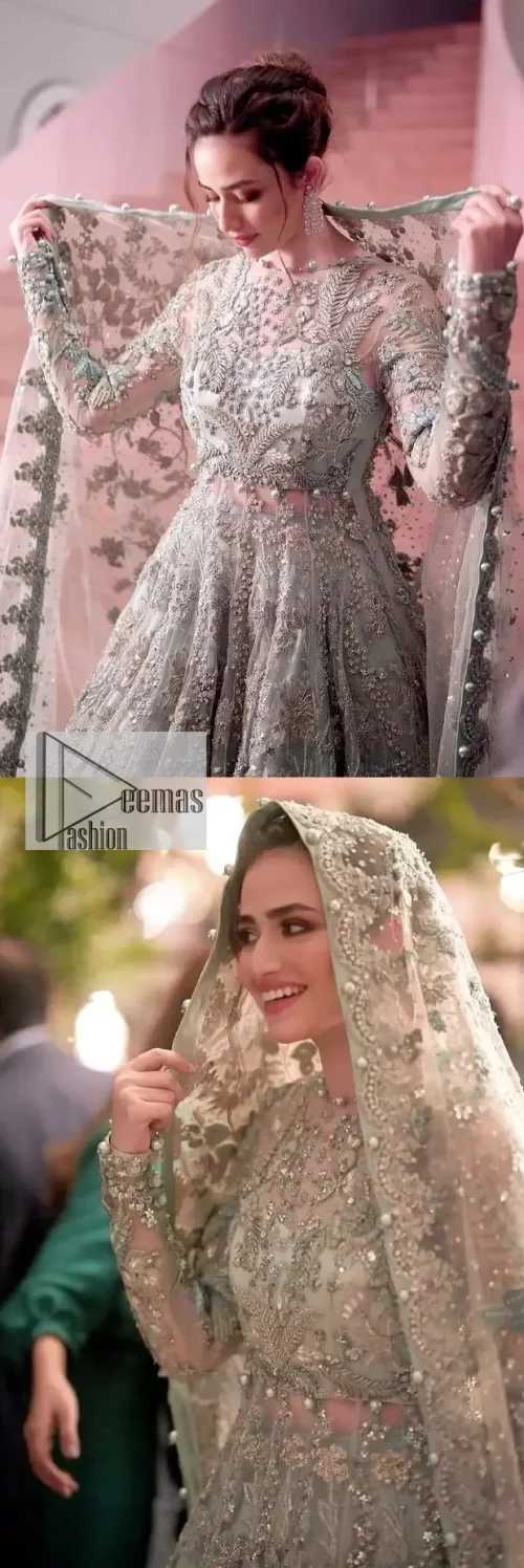 The magic reflects in every piece of this nikah wear. DeemasFashion presents a stunning outfit in an aqua-blue colour. A