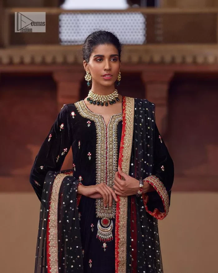 This outfit glam up in our detailed embroidered fabrics made to make you shine for every occasion. The black long shirt in premium quality velvet is beautifully decorated with multiple colour embroidery which is further enhanced with tilla, dabka, kora, Kundan and the real magic of Zardozi. The following shirt has an embellished neckline to meet the trending grace. Further, the half sleeves are adorned with floral motifs. It is coordinated with sharara in the same colour to balance the overall royal look of this party wear. Complete this article with a dupatta in the double shade that is a beautiful piece for a bridesmaid who has a unique taste.