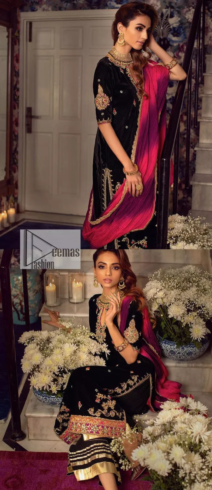 This outfit glam up in our detailed embroidered fabrics made to make you shine for every occasion. The black long shirt in premium quality velvet is beautifully decorated with multiple colour embroidery which is further enhanced with tilla, dabka, kora, Kundan and the real magic of Zardozi. The following shirt has an embellished neckline to meet the trending grace. Further, the half sleeves are adorned with floral motifs. It is coordinated with sharara in the same colour to balance the overall royal look of this party wear. Complete this article with a dupatta in the double shade that is a beautiful piece for a bridesmaid who has a unique taste.