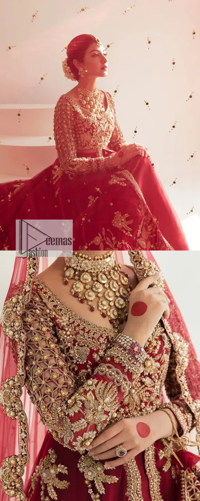 Be a dreamy vision in this reception wear. The beautiful pishwas in the bright red shade is embellished with intricate designs and fine details. It is enhanced with hand-crafted golden embroidery with details of tilla, dabka, kora, Kundan and magic of Zardozi. The round neckline and three-quarter sleeves feature a heavily crafted geometric pattern enhanced by cutwork detailing. The following front open scalloped pishwas is organized with a back train lehenga whose border is beautifully decorated with embroidery making it an epitome of beauty and grace. Furthermore, The embellished borders of the red scalloped dupatta give a perfectly glamorous look to the beautiful overall outfit. It is also intensified with sequins spray.