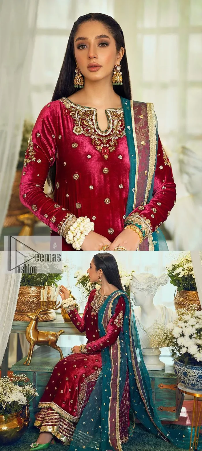 Dreamy details that scream crimson. The day outfits you need to shine your light. DeemasFashion presents this party wear which includes a long shirt, sharara and dupatta. The deep crimson shirt gives that air of regality with its stunning work with hints of tilla, dabka, kora, and Kundan scattered with champagne-mixed stones to balance the tones. The following long silhouette velvet shirt features zari and zardozi embroidery details on the embellished neckline. Further, the full sleeves are also decorated with floral motifs. It is systemized with sharara in the same colour to balance the royal look. Finish this article with a dupatta in green colour which is adorned with tiny floral motifs all over to brighten the day.