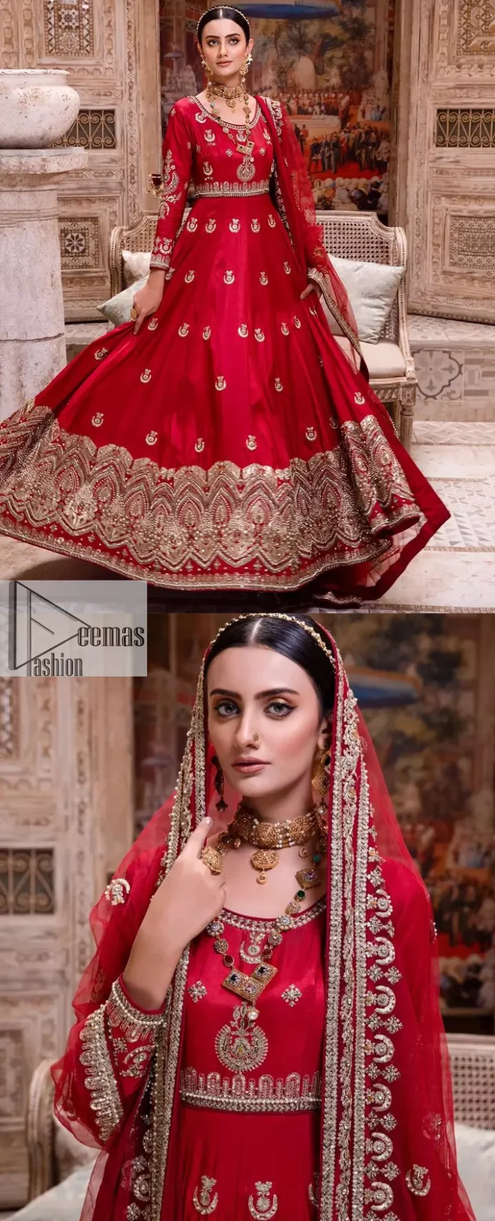 The traditional style is the new thing in the market. The stunning pishwas in the deep red shade is an eye-catching attire that gives you your desired dreamy appearance on your Big day. Beautiful work of zardozi, tilla, dabka, kora, Kundan, pearls, and beads make this attire an epitome of glamour and royalty. Embellished borders, as well as the bodice, gives an enchanting touch to this pishwas. Further, the round neckline of the outfit gives a royal touch. Further, fancy floral motifs are also adorned on the sleeves of this reception wear. It is organized with a dupatta framed with a four-sided border and sparkling tiny floral motifs all over.