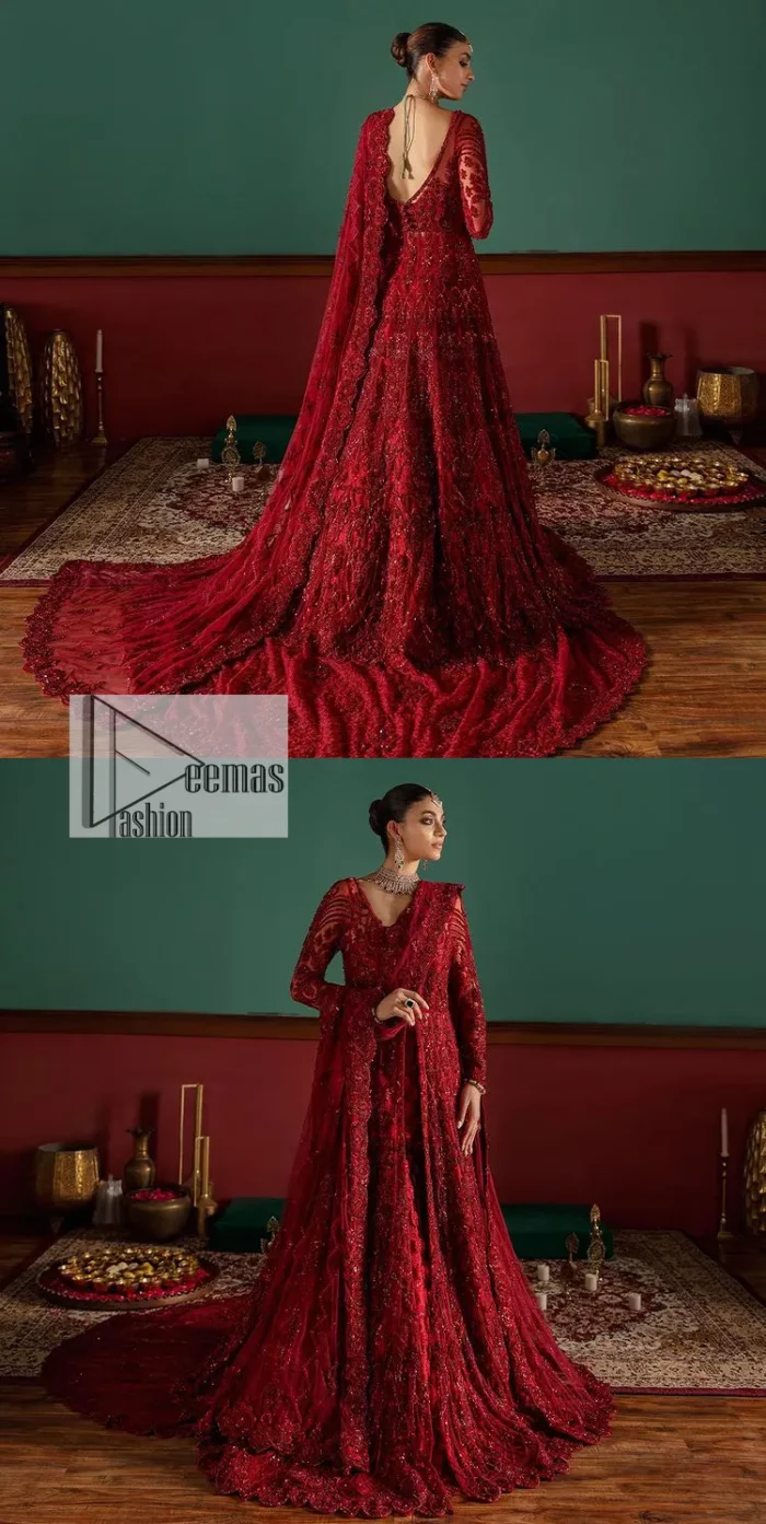 Deep red is just associated with love and romance! For a more lovely and romantic look on your big day just buy this reception wear. The deep red maxi is heavily adorned with intricate hand-worked of tilla, dabka, kora, Kundan and Zardozi in the shade of red which is sure to make you look glamorous on your big day. The square neckline merges rich traditions with modern style. Further, the full sleeves of the maxi also add more charms. It is organized with a back train lehenga which is also embellished and highlighted with floral motifs. Complete this super romantic look with a dupatta which is encrusted with four-sided embellished borders and floral motifs sprinkled all over. 
