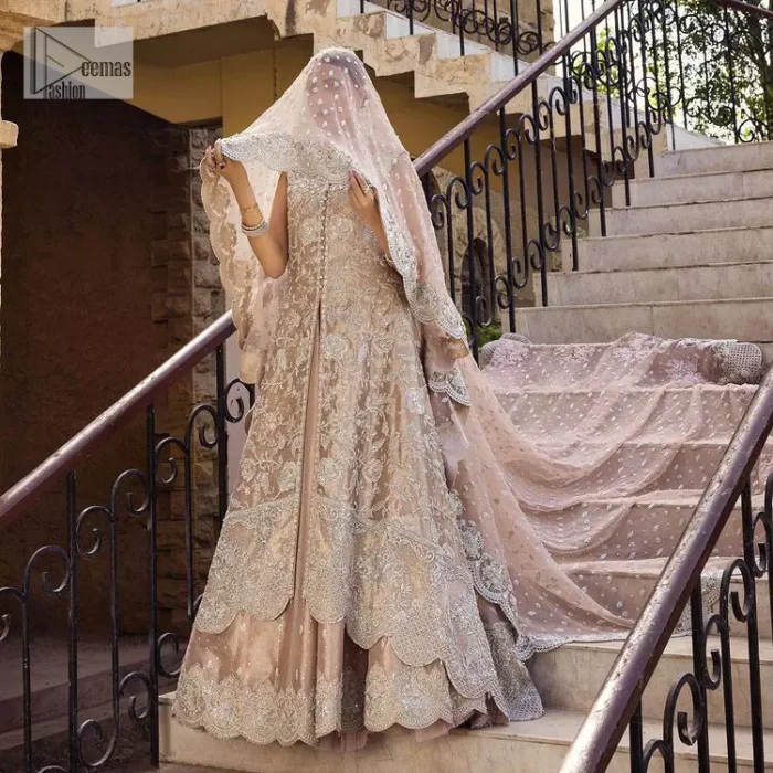 The subtle colour palette, delicate embroidery and eye-catching details. All in all a true style statement! Presenting this fawn maxi which is a luxuriously encrusted masterpiece is laden with tilla, dabka kora, stones,  and delicate Resham. The following front open scalloped maxi is adorned with silver embroidery to make your Nikah day remarkable. The embellished neckline along with the sleeveless style makes you a pretty and unique bride ever. Paired up this article with a sharara whose border is adorned with embroidery. Finish this outfit with a dupatta, framed with four-sided borders and sequins sprayed all over for attractiveness and marvellous details.