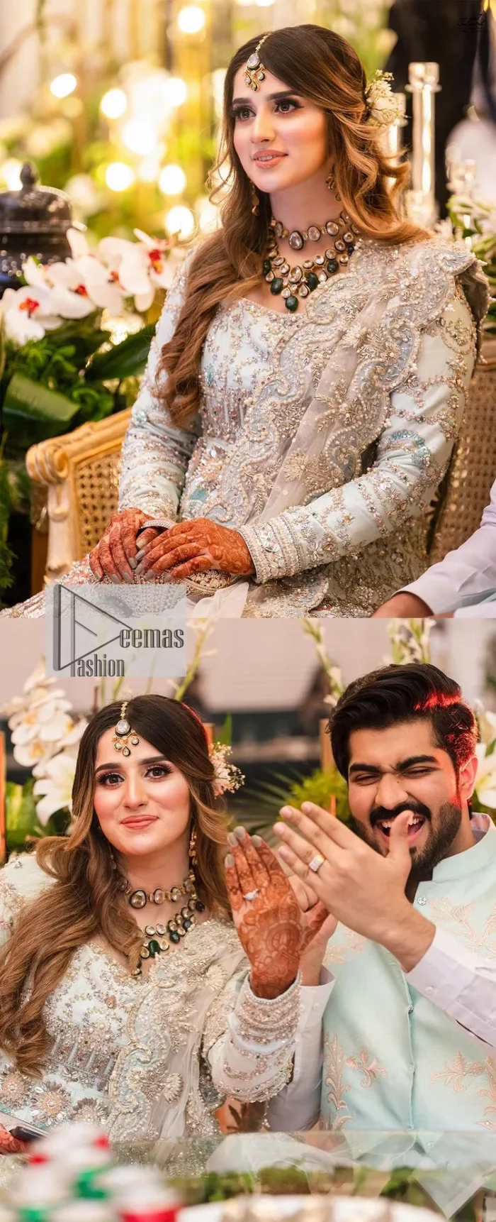 Brighten up your big day with this beautiful ensemble - Perfectly suited to the trend! DeemasFashion presents this nikah wear in the shade of ice blue. This stunning maxi has a fully embellished square neckline and full sleeves. Graceful multiple-colour work and floral designs enhance the charm of this maxi. Zardozi, pearls, dabka, kora, Kundan, and stones give a perfect finish to the overall look. The flares of the following maxi make it your foremost priority to wear on the most important day of your life. Paired this with a dupatta which is adorned with a four sided embellished borders and sequins sprayed all over to make this look more charming and perfect.